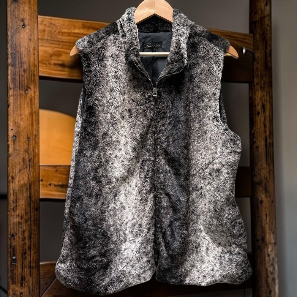 Baccini Womens 2X Faux Fur Vest Grey Black Ombre Zip Up Mock Neck Pockets